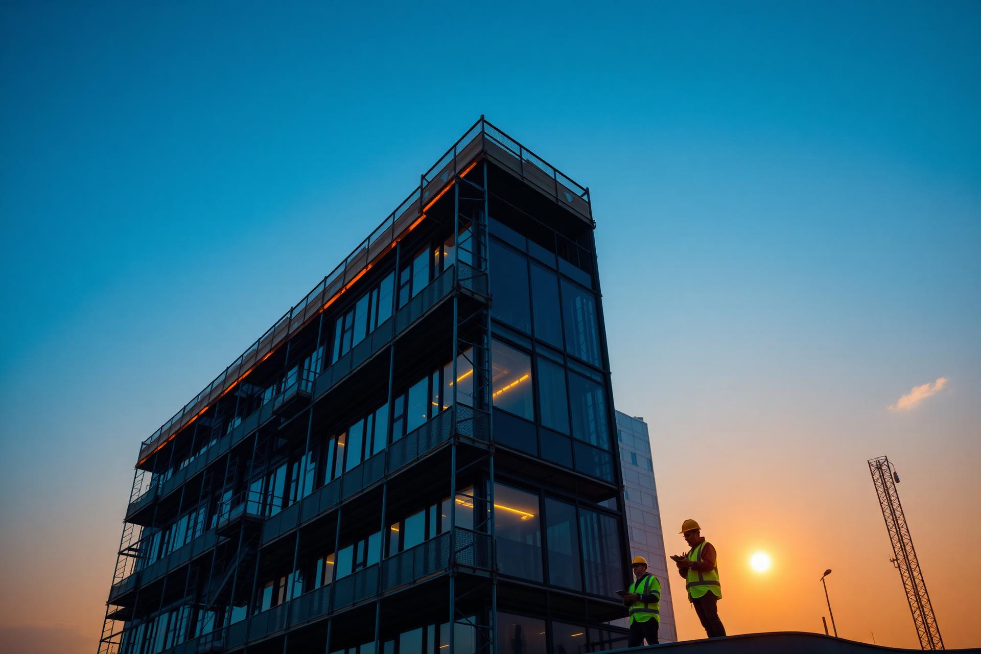 Construction site at golden hour with workers performing final inspections